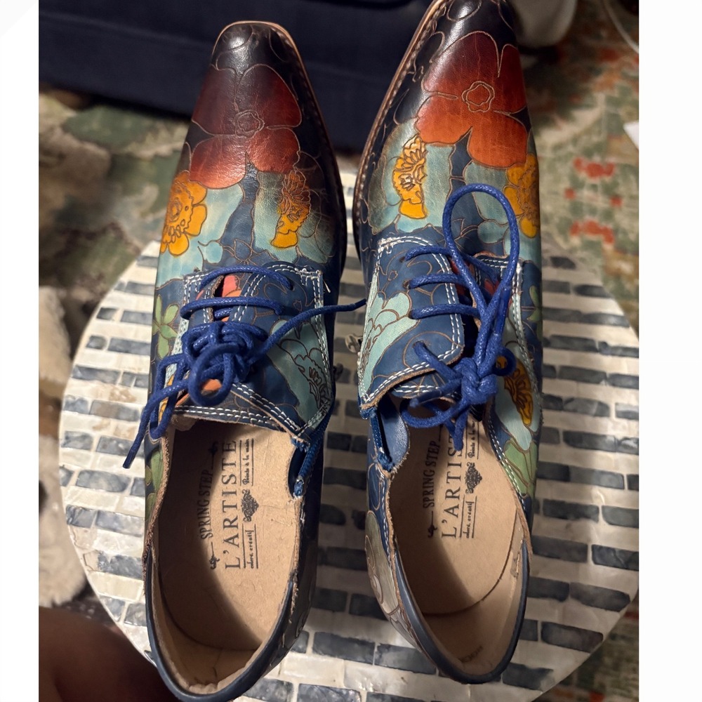 Spring Step L'Artiste Blue Floral Leather Lace-Up Ankle Boots EU 37 US 7